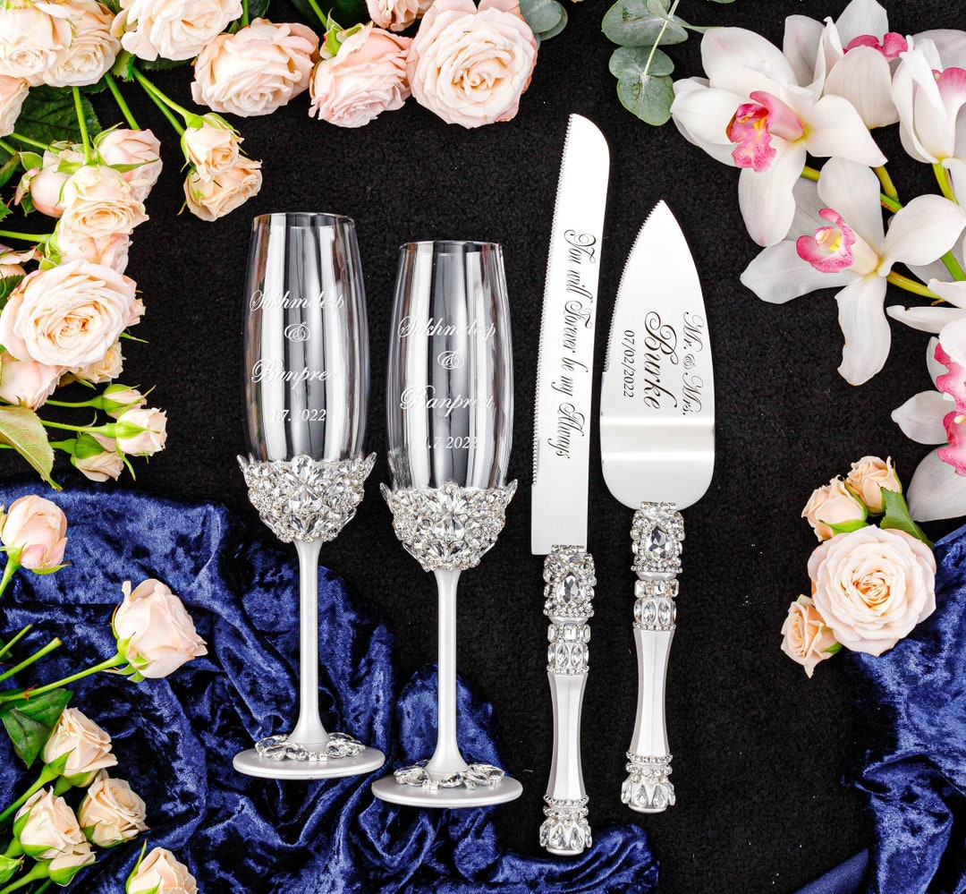 Wedding Glasses and Cake Knife Set, Wedding Flutes, Wedding Cake Plate