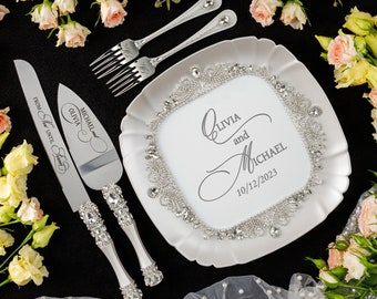 silver knife set and toast glasses, wedding glasses and cake knife set, wedding cake plate with forks, silver rhinestone cake cutter
