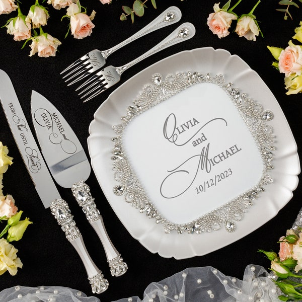 silver knife set and toast glasses, wedding glasses and cake knife set, wedding cake plate with forks, silver rhinestone cake cutter