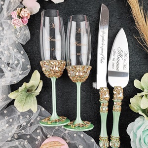 sage green wedding cake cutting set, sage green gold wedding glasses, sage greenwedding decor