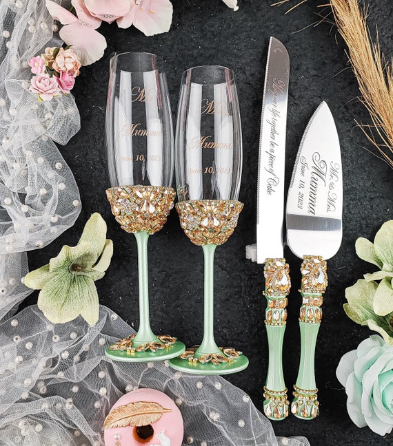 Personalized Sage Green and Gold Wedding Cake Server Set & Knife