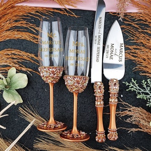 wedding Burnt orange decor, rust orange wedding, Boho wedding cake cutting, burnt orange flutes