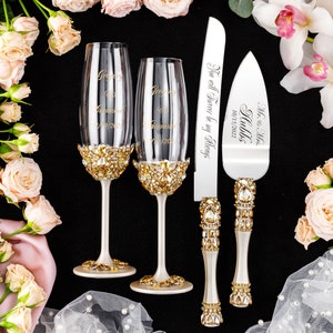 gold wedding cake cutting set, gold wedding cake server, gold wedding cake knife set serv+knife+2glasses