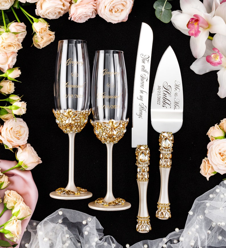 gold wedding cake cutting set, gold wedding cake server, gold wedding cake knife set serv+knife+2glasses
