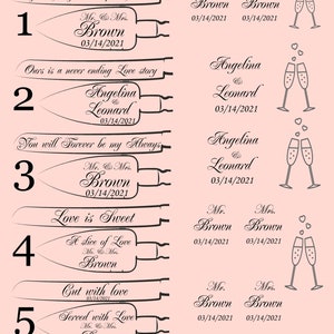 May include: A chart with six different engraving styles for cake servers and champagne flutes. Each style features a different saying and a date. The styles include "May our life together be a piece of cake", "Ours is a never ending love story", "You will forever be my always", "Love is sweet", "Cut with love", and "Your text".