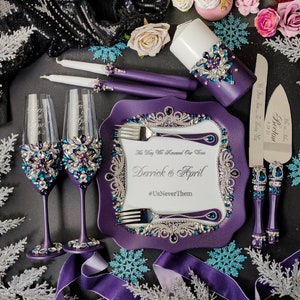 purple wedding cake server set, teal purple wedding cake cutting set