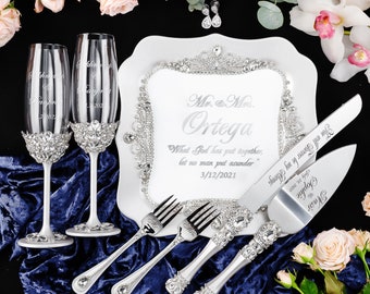 bling silver wedding champagne glasses, silver wedding cake cutting set,  diamond wedding sparkle unity set, silver wedding gift