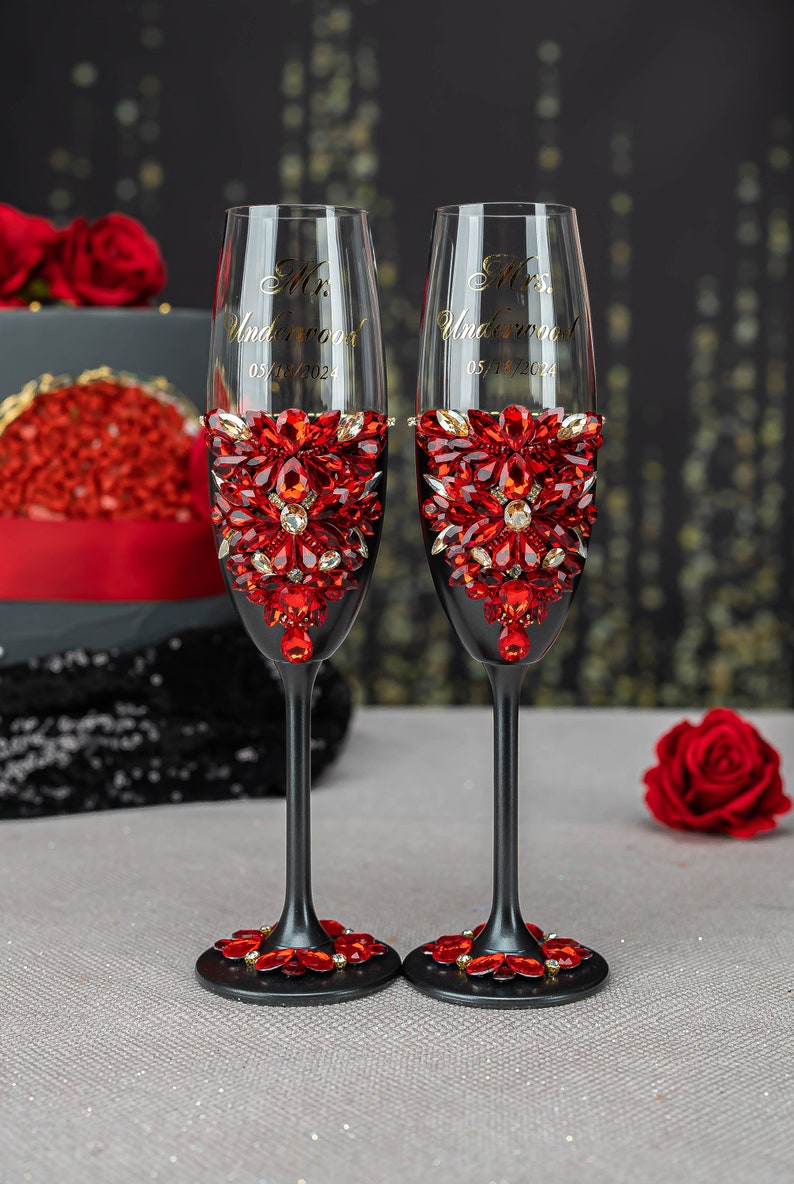 Black With Red Wedding Decor Set: Custom Toasting Set, Guest Book, Ring ...