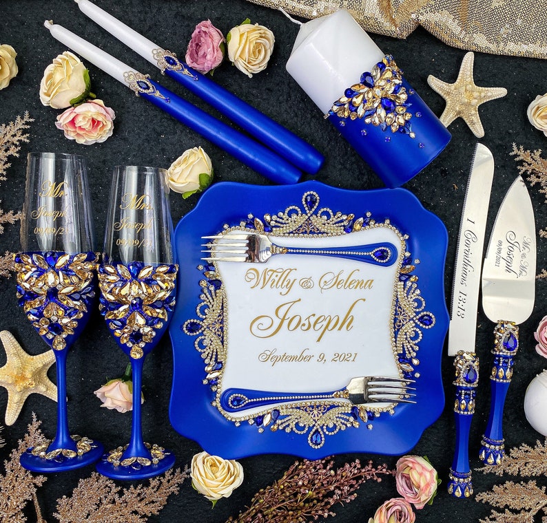 Royal Blue Gold Wedding Cake Cutting Set Gold Royal Blue Etsy