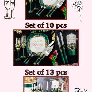 May include: A set of wedding decorations in green and gold. The set includes two champagne flutes, a cake knife and server, two candles, and a cake plate. The cake plate is decorated with the words "Mr. & Mrs. Barnett" and the date "July 22, 2023".