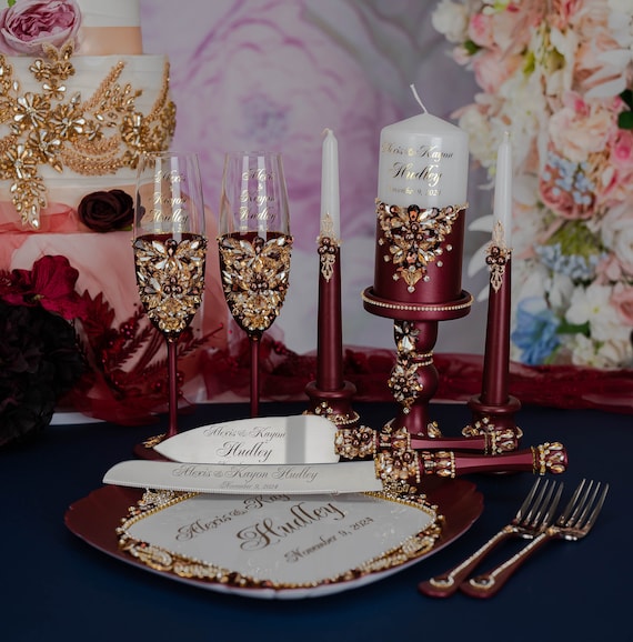 Burgundy and rose store gold table setting