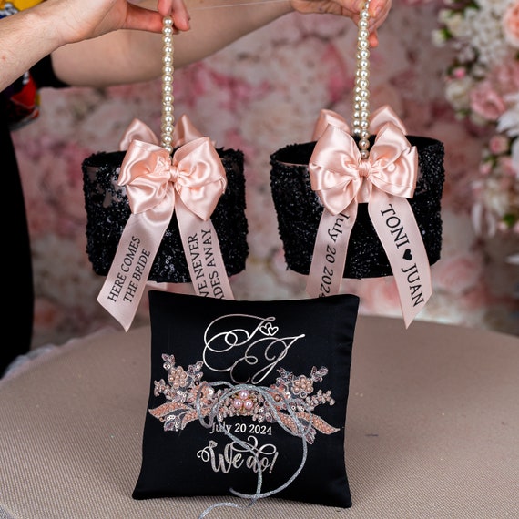black rose gold wedding flower girl baskets, black rose gold ring bearer pillows, rose gold black wedding decor, wedding flower basket