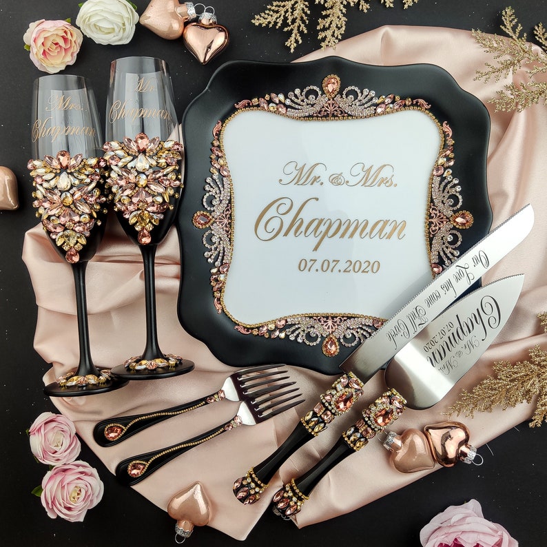 black rose gold wedding decor black rose gold cake serving set of 7 with plate