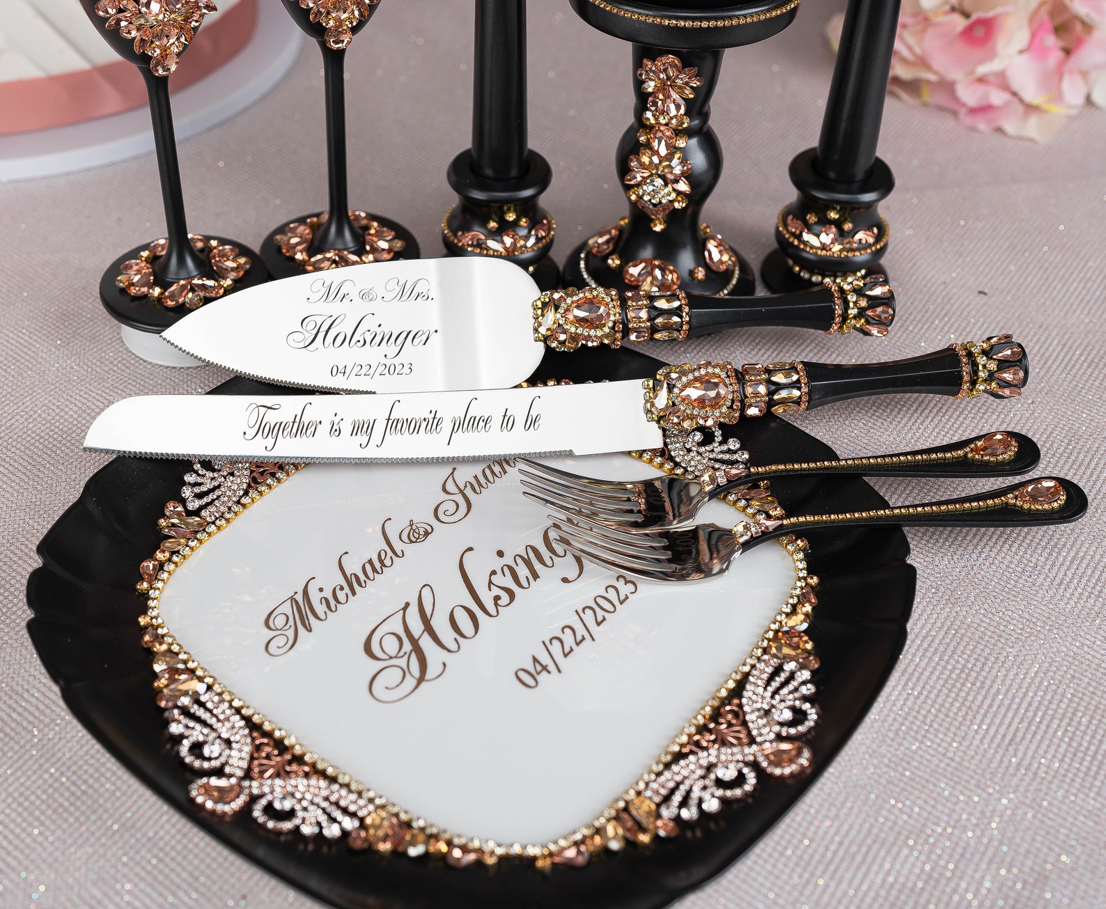 Black Rose Gold Wedding Decor Black Rose Gold Cake Serving Etsy