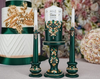 Green wedding unity candle set, emerald green wedding candles, green unity ceremony