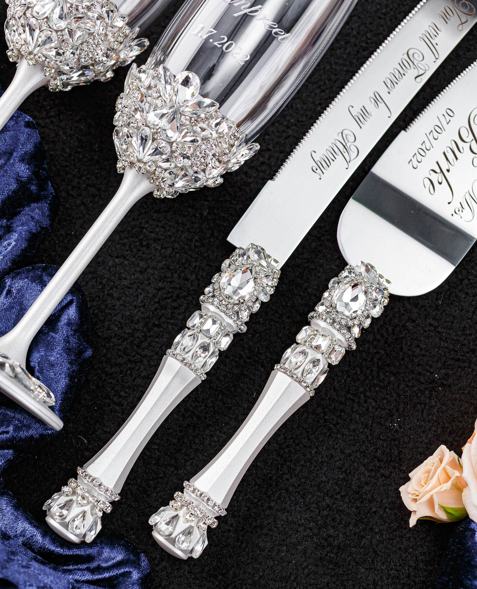 Wedding Glasses and Cake Knife Set Wedding Flutes Wedding Etsy