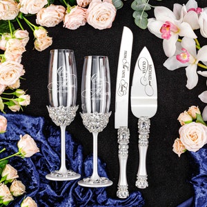 silver knife set and toast glasses, wedding glasses and cake knife set, wedding cake plate with forks, silver rhinestone cake cutter serv+knife+2glasses