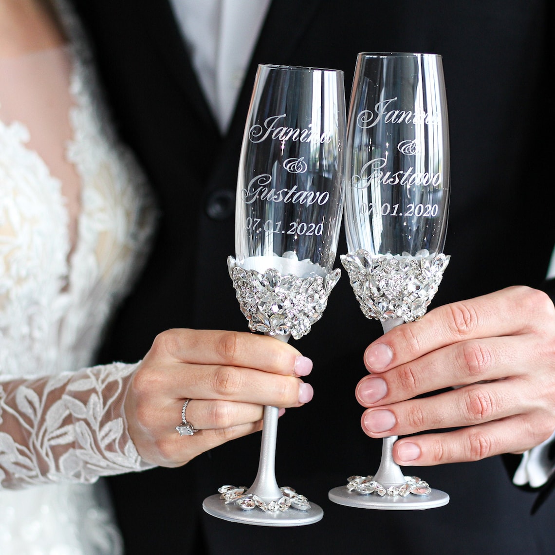 silver wedding glasses for bride and groom engraved wedding 2 champagne glasses