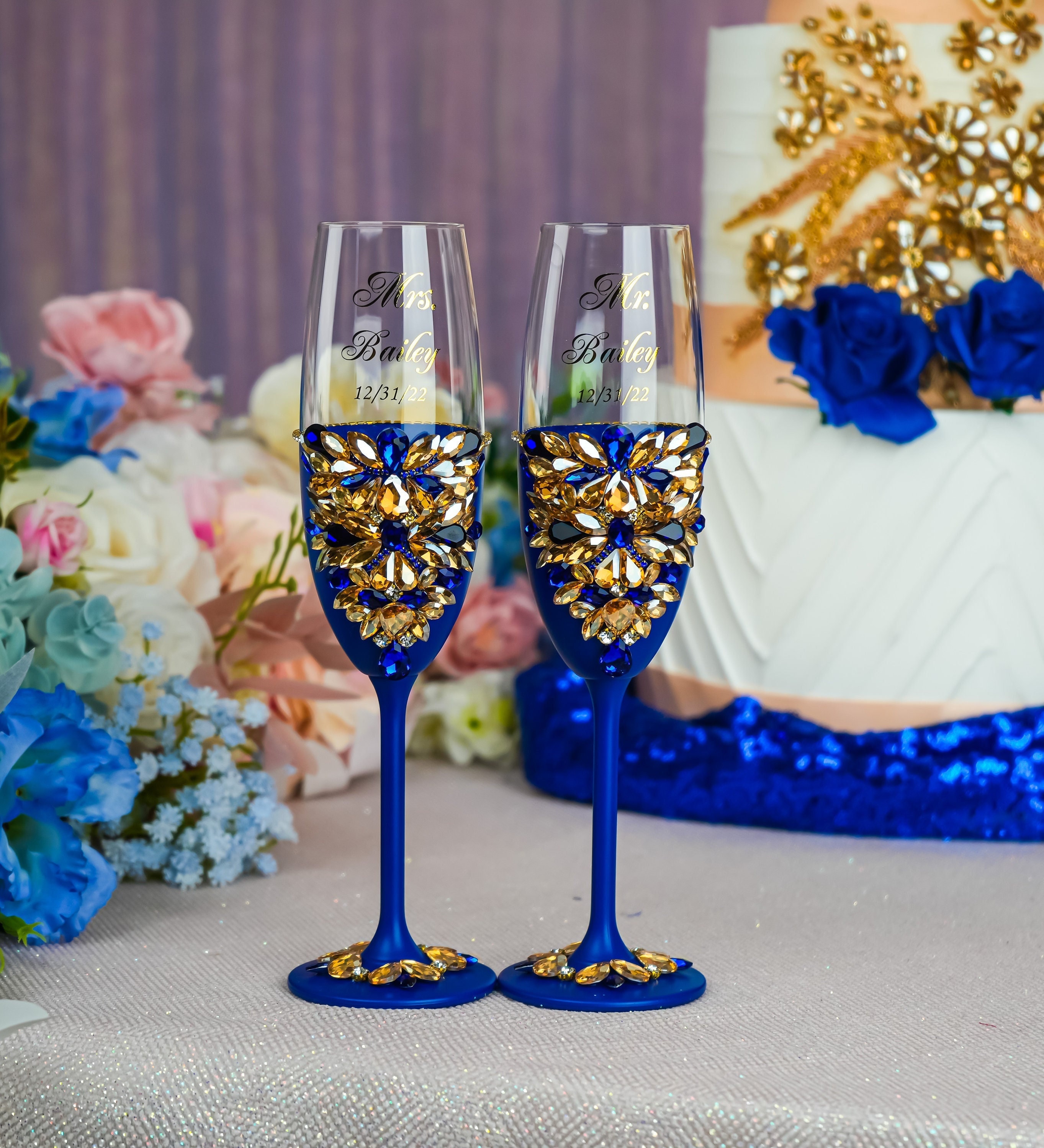 Champagne Glasses Set of 2 Royal Blue Weddings Wedding Glasses Personalized  Royal Blue Wedding Champagne Flutes Wedding Royal Blue 