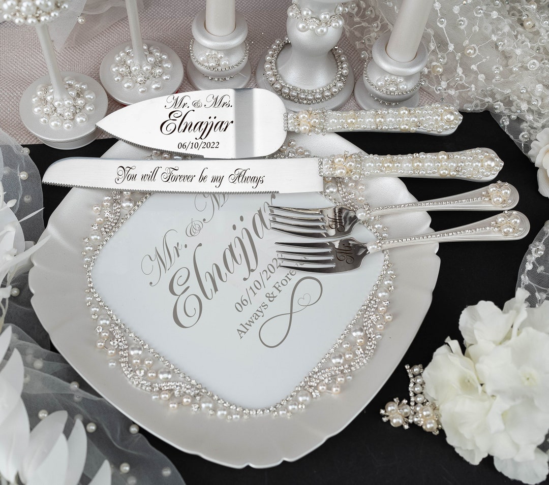 Pearl Wedding, Pearl Wedding Glasses and Cake Knife Set, Pearl Flutes