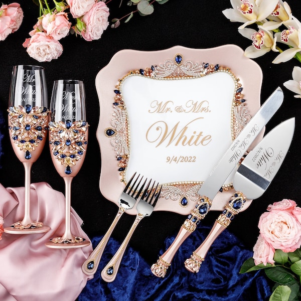 Rose gold Navy blue wedding cake cutting set, navy blue rose gold  decorations
