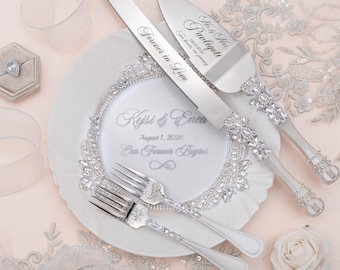 Personalized Wedding Cake Server, Knife with Plate and Forks