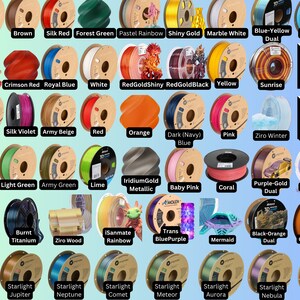 May include: Assortment of 3D printer filament spools in various colors, including black, brown, red, blue, white, yellow, green, orange, purple, pink, gray, light green, army green, lime, gold, coral, and more. The spools are labeled with the color name and some have additional details like "dual" or "metallic".