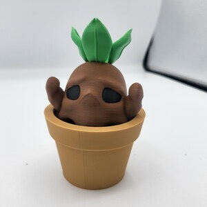 May include: A brown, stylized figure with black eyes and arms, emerging from a tan flower pot. Green leaves sprout from the top of the figure's head. The figure has a distressed, textured appearance.