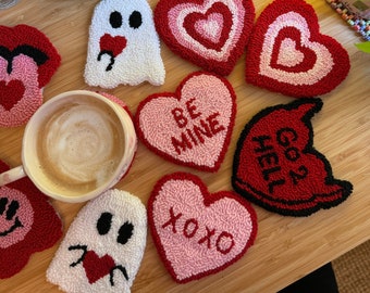 Valentines Day Coasters, Y2K Punch Needle Mug Rugs, Housewarming Gift,Punch Needle Coaster, Pink and Red Accessories for Women