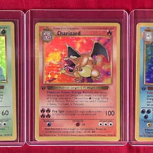 以下が含まれることがあります： 保護ケースに入った3枚のポケモンカード。カードにはフシギバナ、リザードン、カメックスが登場します。各カードにはホログラフィックの背景と、ポケモンのキャラクターのカラフルなイラストが描かれています。カードは赤い面に表示されています。