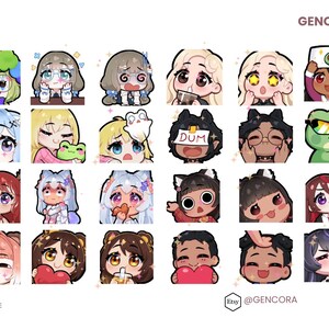 K&ouml;nnte beinhalten: Eine Sammlung von Emoticons im Cartoon-Stil mit verschiedenen Ausdr&uuml;cken und Accessoires. Die Emoticons zeigen verschiedene Hautt&ouml;ne und Haarfarben, mit Text, der "GENCORA.CARRD.CO", "@GENCORA" und "@GENCO_DRAW" lautet. Der Satz "DO NOT COPY OR TRACE" ist ebenfalls vorhanden.