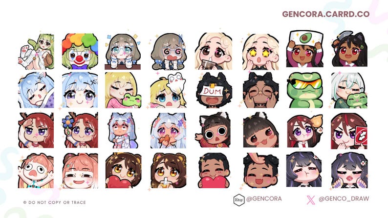 K&ouml;nnte beinhalten: Eine Sammlung von Emoticons im Cartoon-Stil mit verschiedenen Ausdr&uuml;cken und Accessoires. Die Emoticons zeigen verschiedene Hautt&ouml;ne und Haarfarben, mit Text, der "GENCORA.CARRD.CO", "@GENCORA" und "@GENCO_DRAW" lautet. Der Satz "DO NOT COPY OR TRACE" ist ebenfalls vorhanden.