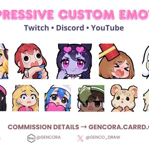 K&ouml;nnte beinhalten: Eine Sammlung ausdrucksstarker, benutzerdefinierter Emotes f&uuml;r Twitch, Discord und YouTube. Das Bild zeigt verschiedene Cartoon-Charaktere mit unterschiedlichen Gesichtsausdr&uuml;cken. Der Text enth&auml;lt "EXPRESSIVE CUSTOM EMOTES" und Namen von Social-Media-Plattformen.