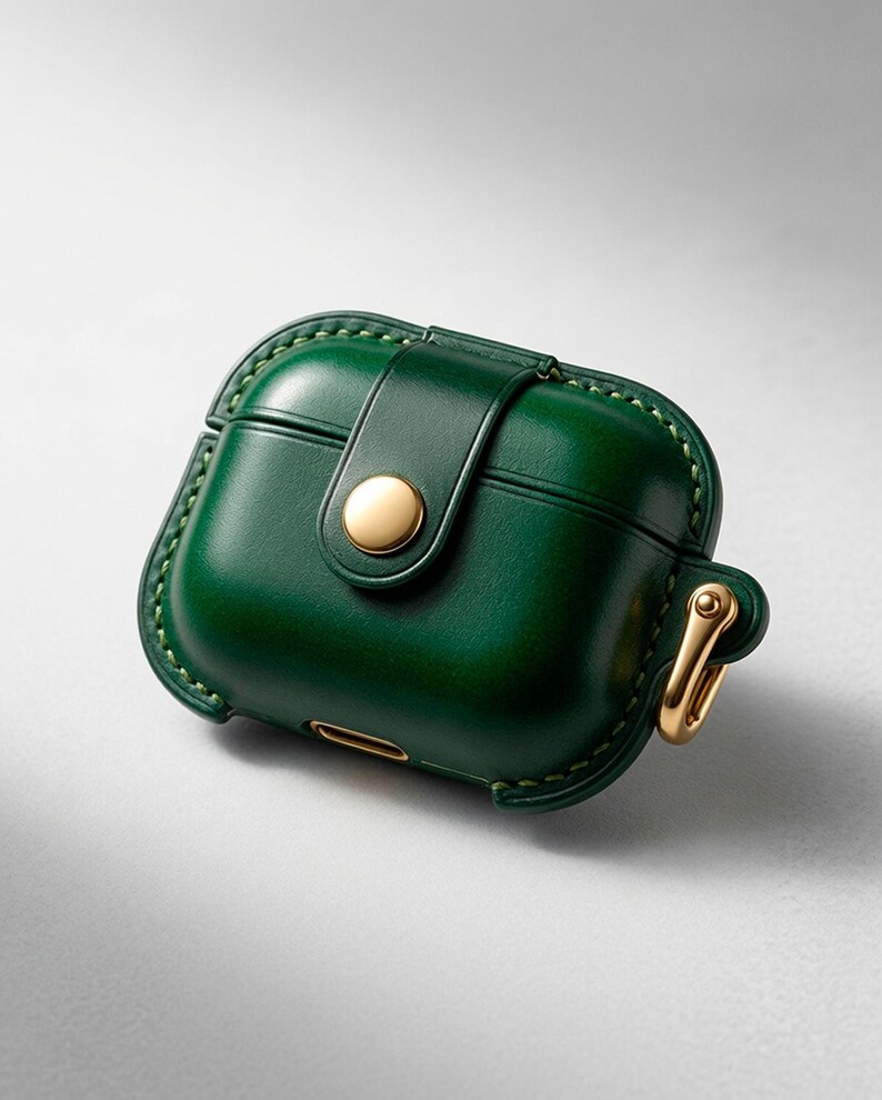 May include: A dark green protective case for wireless earbuds featuring a smooth finish, visible stitching along the edges, a central strap secured with a gold-toned metal snap button, and a matching gold-toned metal carabiner attached to the side.