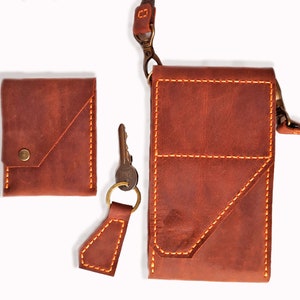 Cognac Leather Phone Bag Crossbody with Mini Wallet & Keychain