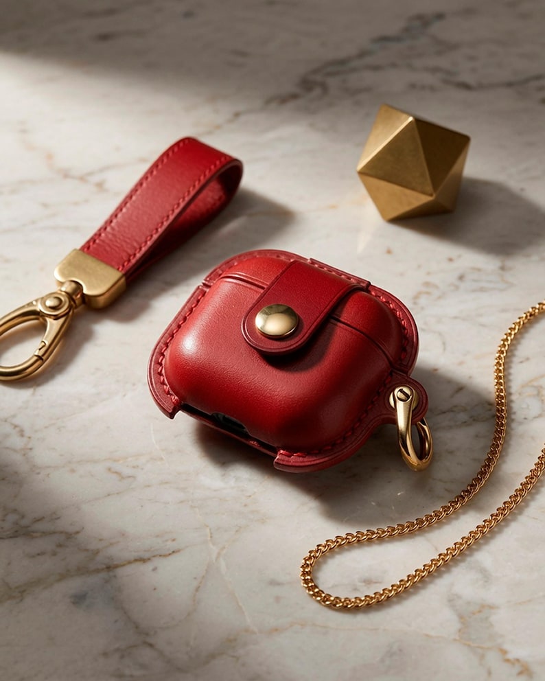May include: A red leather protective case for wireless earbuds featuring a gold-tone snap button closure and a side attachment ring. A matching red leather wrist strap with a gold-tone lobster clasp and a thin gold-tone chain are also included.