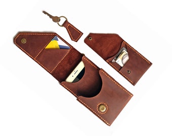 Handmade Crazy Horse Leather Phone Bag: Crossbody Mini Wallet Keychain