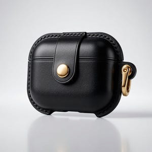 May include: A black protective case for wireless earbuds featuring a textured finish, a central vertical strap secured with a polished gold-tone snap button, and a matching gold-tone metal carabiner attached to the side for secure carrying.