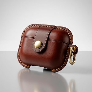 May include: A dark brown leather protective case for wireless earbuds featuring visible tan stitching along the edges, a central strap secured with a round brass-coloured metal snap button, and a matching brass-coloured metal ring attachment on the side.