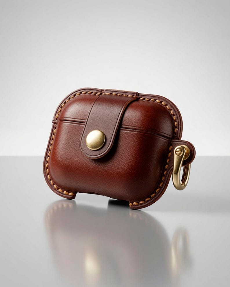 May include: A dark brown leather protective case for wireless earbuds featuring visible tan stitching along the edges, a central strap secured with a round brass-coloured metal snap button, and a matching brass-coloured metal ring attachment on the side.