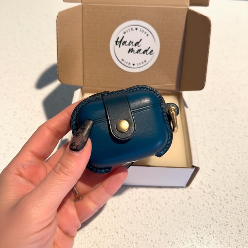 Handmade leather AirPods cases. All models, including AirPods Pro 3. Blue