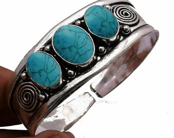 Turquoise 3 Gemstone Cuff Bangle Wholesale Lot 925 Sterling Silver Plated Handmade Jewelry, Girl's And Boy's Beautiful Adjustable Bangle