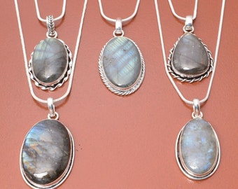 Natural Labradorite Gemstone Chain Pendant 925 Sterling Silver Plated Wholesale Lot Chain Pendants Jewelry Men's And Women's Pendant