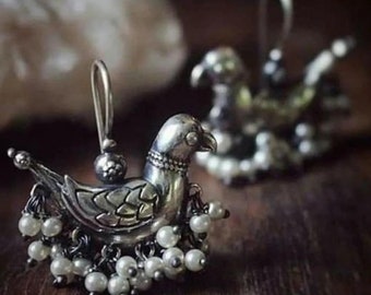 Tradition indienne Oiseaux oxydés Conception Bijoux plaqués en argent sterling pour filles et femmes Boucles d'oreilles vintage légères pour cadeau ici