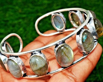 Labradorite 10 Gemstone Cuff Bangle Wholesale Lots 925 Sterling Silver Plated Jewelry Handmade Jewelry, Girl's Loving Adjustable Bangle