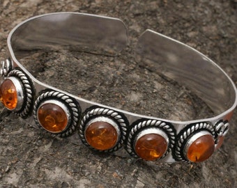 Baltic Amber 5 Stone Gemstone Cuff Bangle Wholesale Lot 925 Sterling Silver Plated Jewelry Handmade Jewelry, wholesale Lot Adjustable Bangle