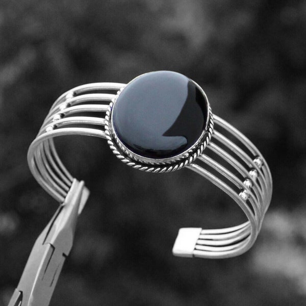 Indian Traditional Jewelry Sale-Black Onyx Antique Gemstone Cuff Bangle,925 Sterling Silver Plated Handmade Jewelry Adjustable Bangle