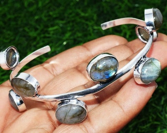 Labradorite Cuff Bangle, 925 Sterling Silver Plated, Adjustable Gemstone Bracelet