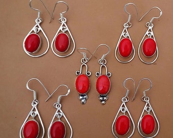 Coral Gemstone Earring Wholesale Lot 925 Sterling Silver Plated Handmade Jewelry Earrings Girl's Drop And Dangle Beautiful Earrings