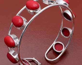 Coral Gemstone Cuff Bangle 10 Stone Wholesale Lot 925 Sterling Silver Plated Jewelry Handmade Jewelry, Girl's loving here Adjustable Bangles